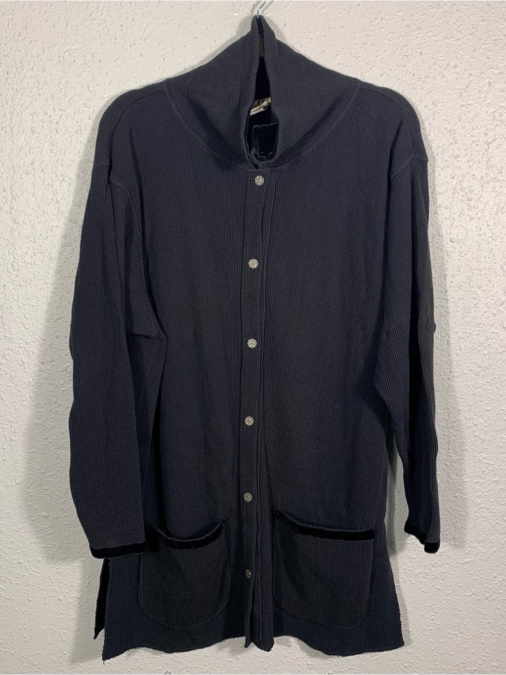 Fitigues Black Waffle Knit Funnel Neck Velevet Full Button Jacket Vintage sz S